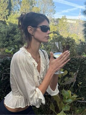 Cambais Cream Ruffled button down striped Blouse Sz 12 vintage 1980s white